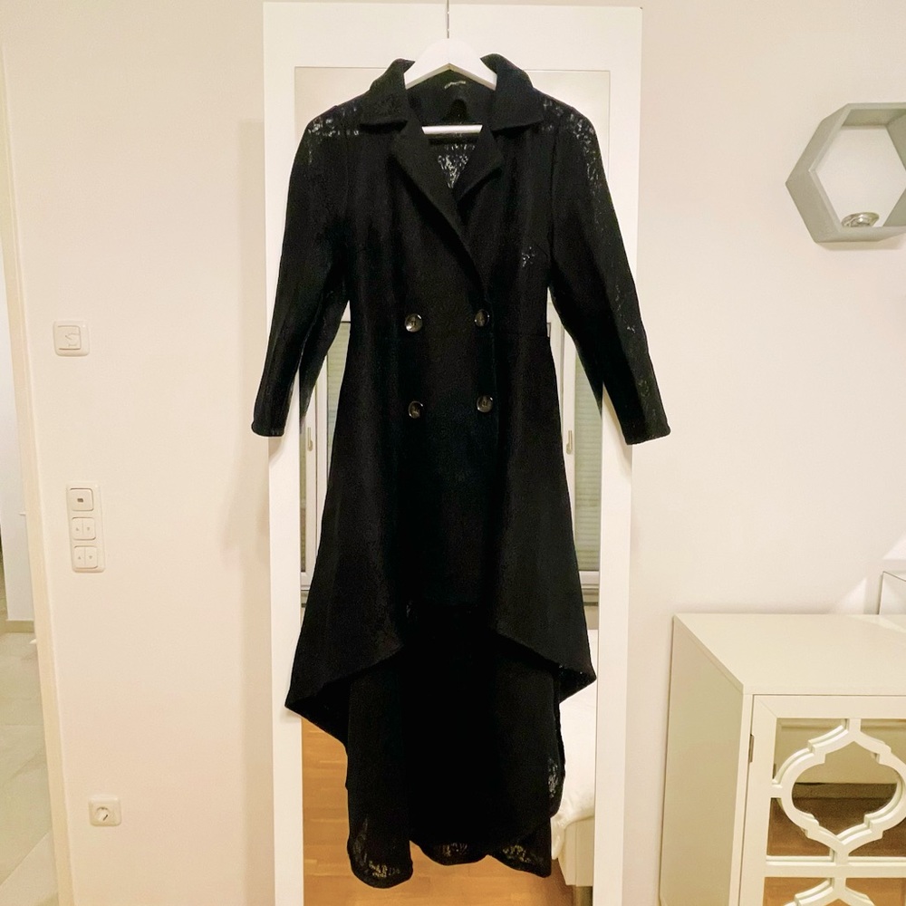 NEW Lace Collared Long High Low Coat w/ Pockets and Removable Strap (True Black)